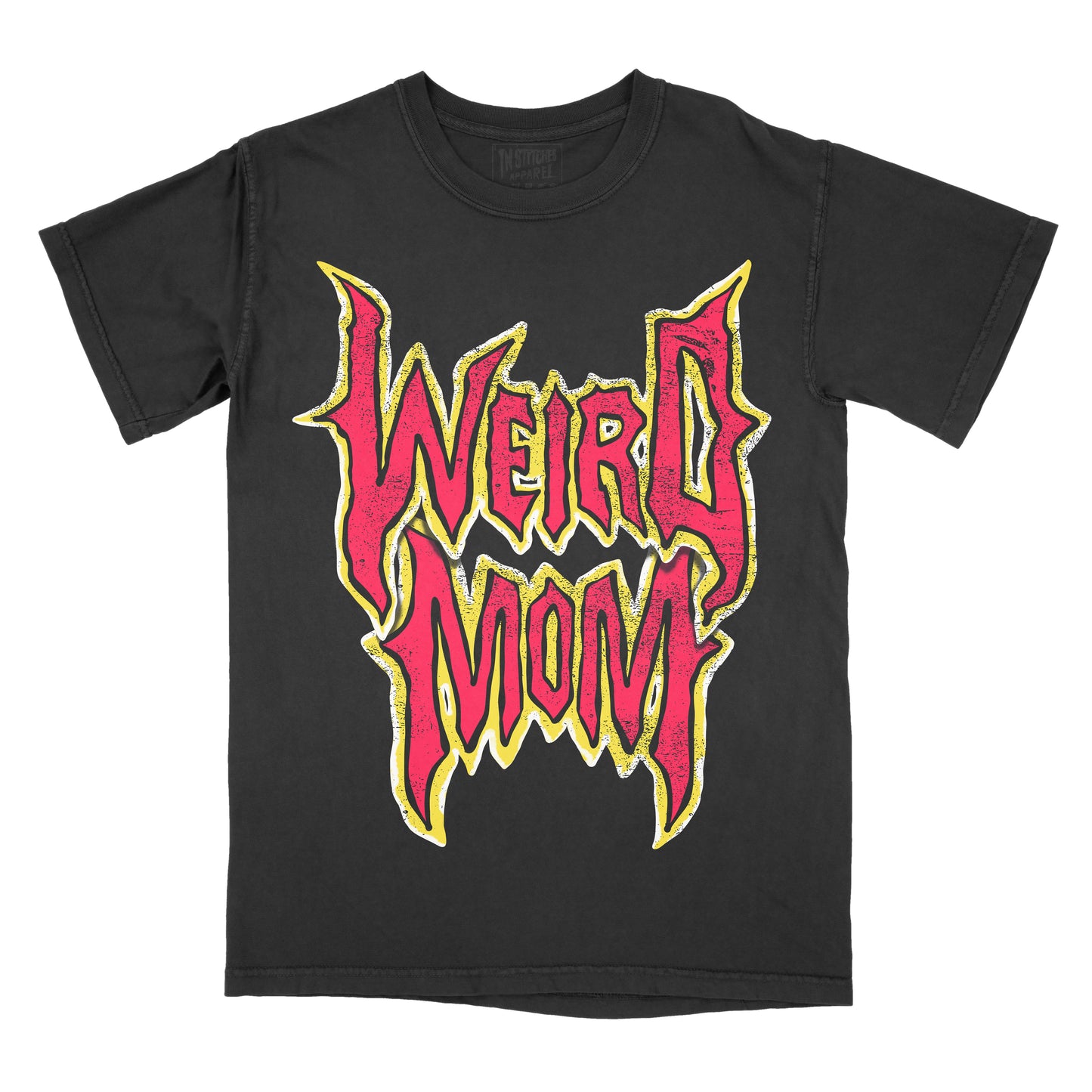 Black garment-dyed graphic t-shirt featuring the phrase "Weird Mom" in bold gothic-inspired typography with distressed vintage styling.