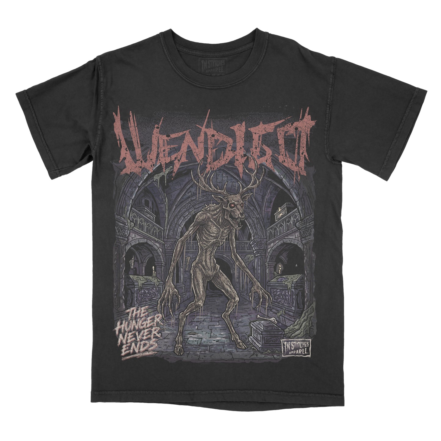 Black garment-dyed graphic t-shirt featuring an original Wendigo illustration with antlers, gothic typography, and a haunted cathedral backdrop inspired by folklore.