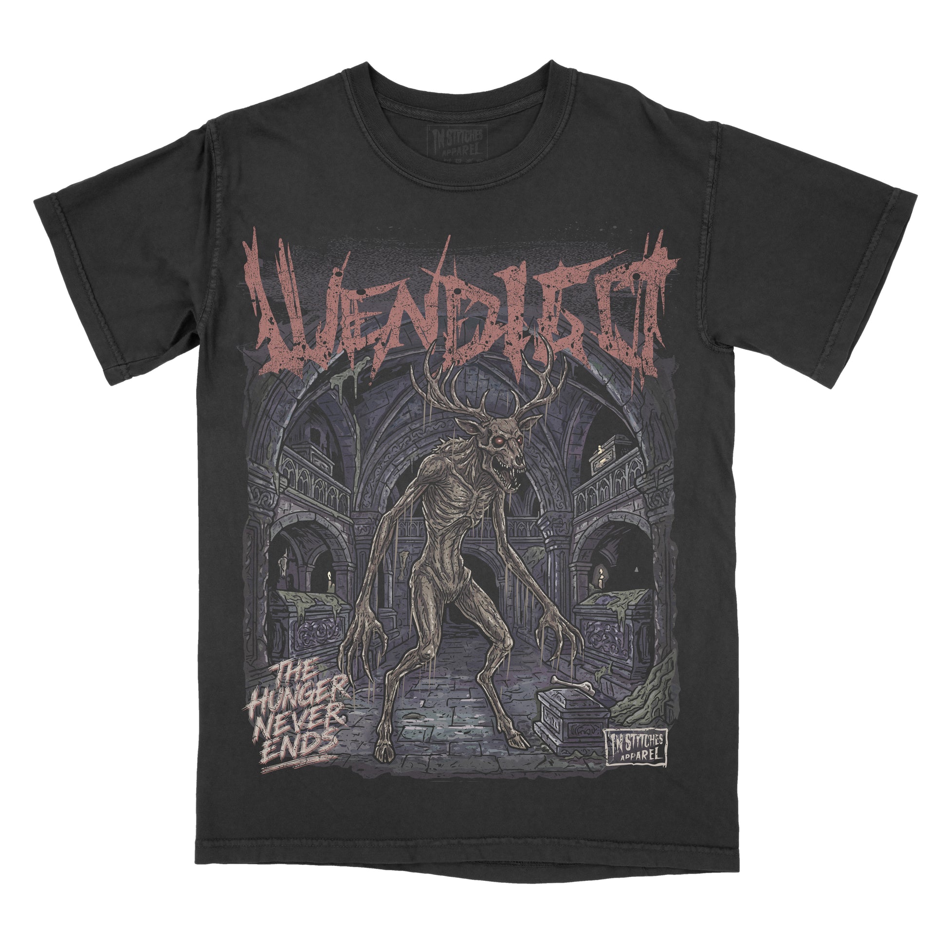 Black garment-dyed graphic t-shirt featuring an original Wendigo illustration with antlers, gothic typography, and a haunted cathedral backdrop inspired by folklore.
